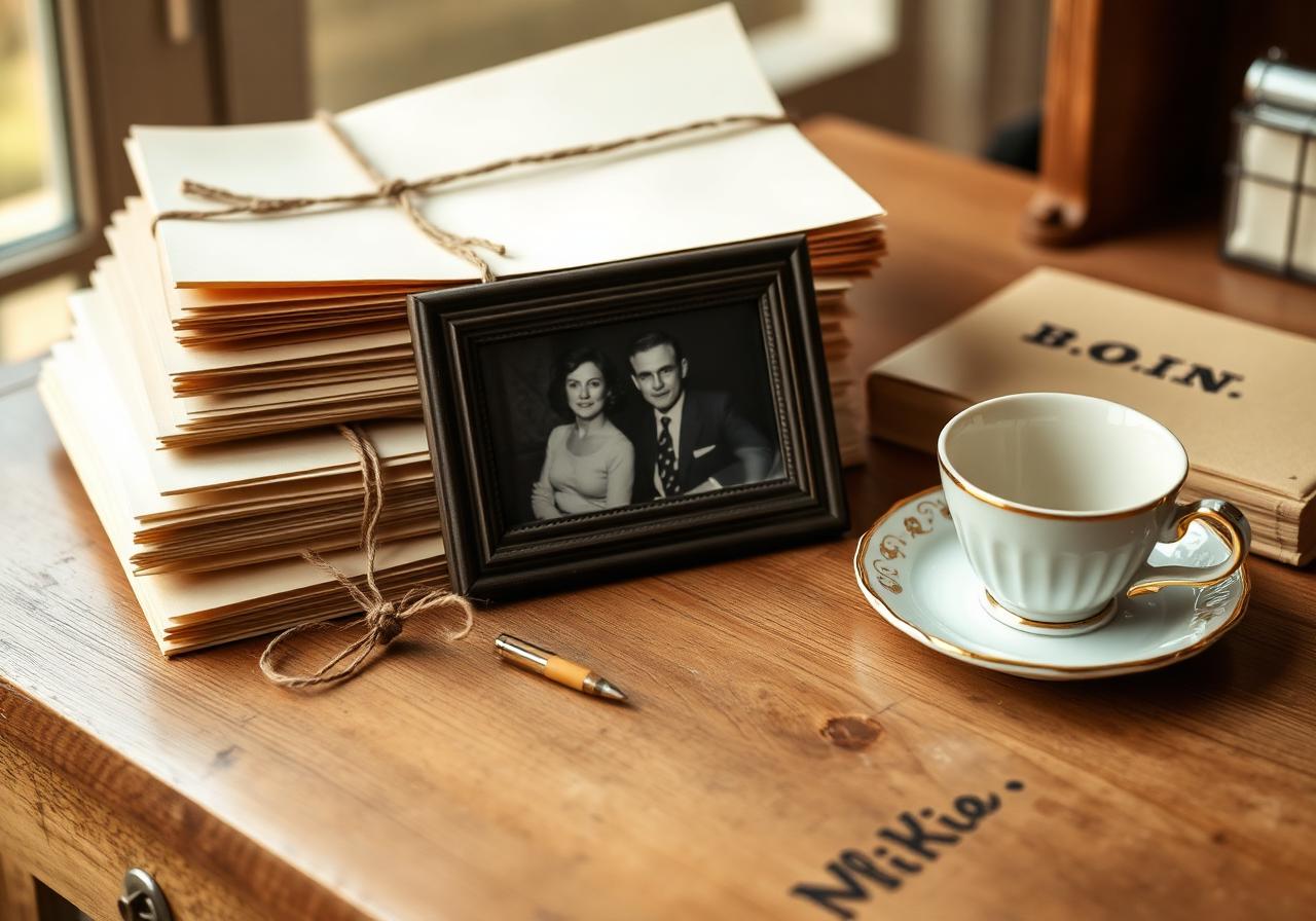 Family writing desk with bundled letters and a framed photograph — KSA Law article on blended family estate planning.