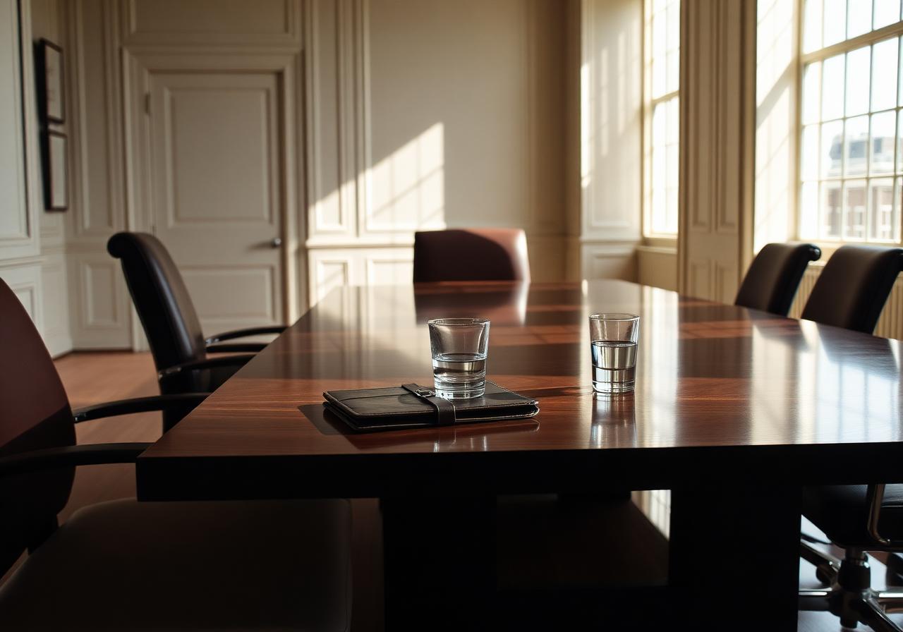 Empty boardroom with a closed leather portfolio — KSA Law article on statutory demands.