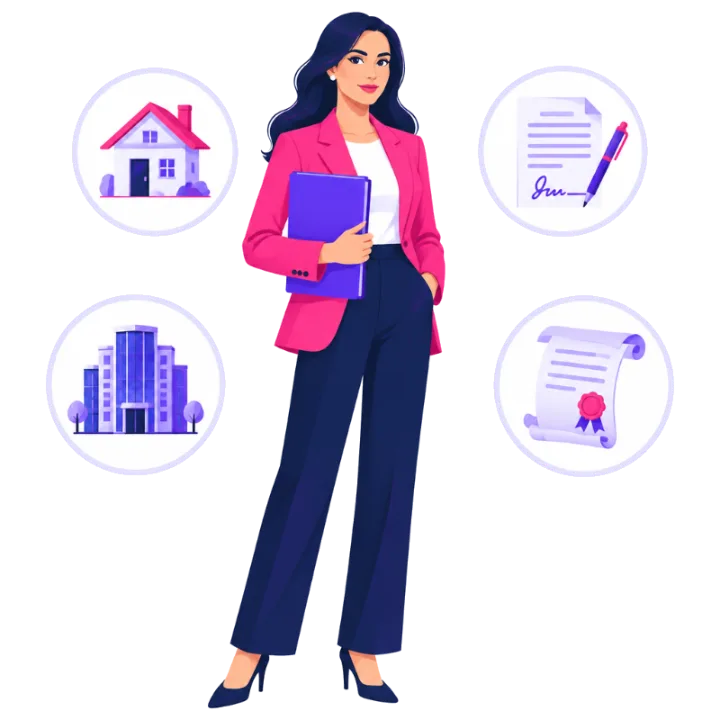 Lawyer surrounded by corporate, property and estate matters